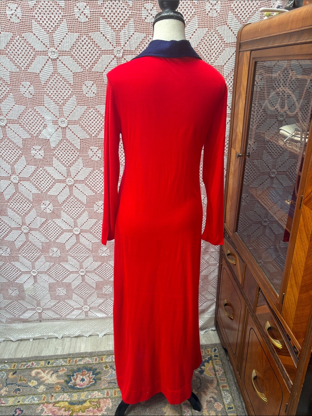 Women's Red Maxi Dress with Navy Collar - Picture 8 of 11